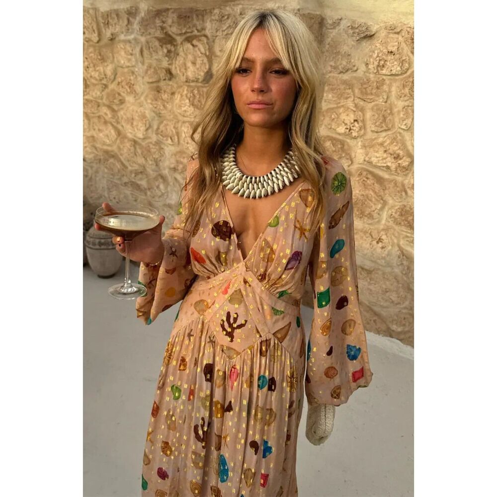 Boho Maxi Dress with Colorful Shell Print - Cream